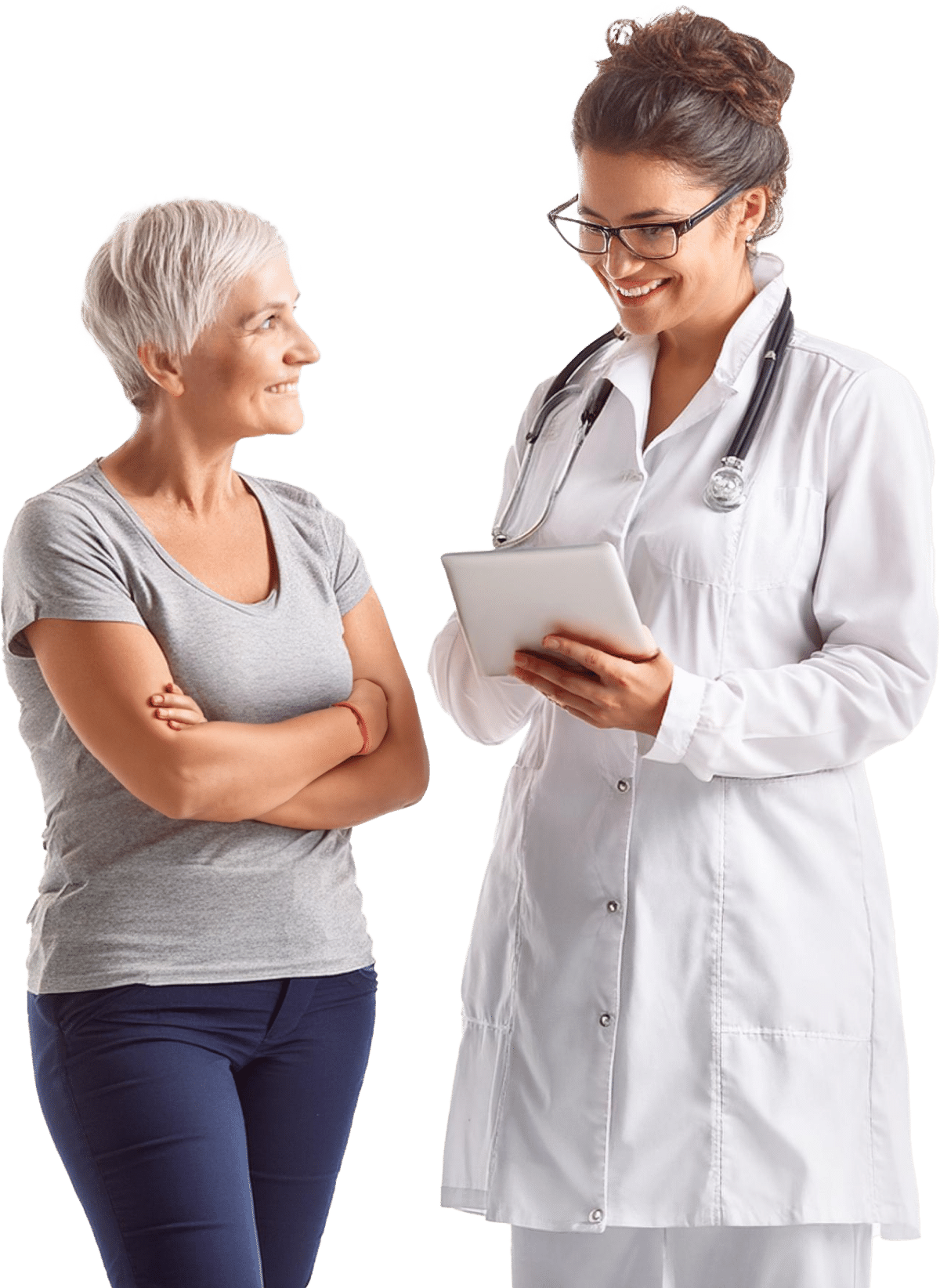 female doctor holding a tablet and talking with a patient