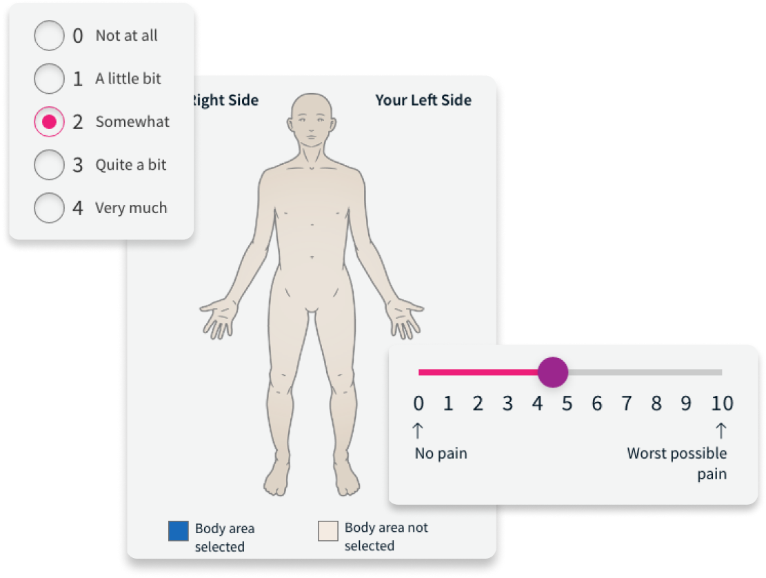 Body Area Pain scale, pain scale slider and radio button answers